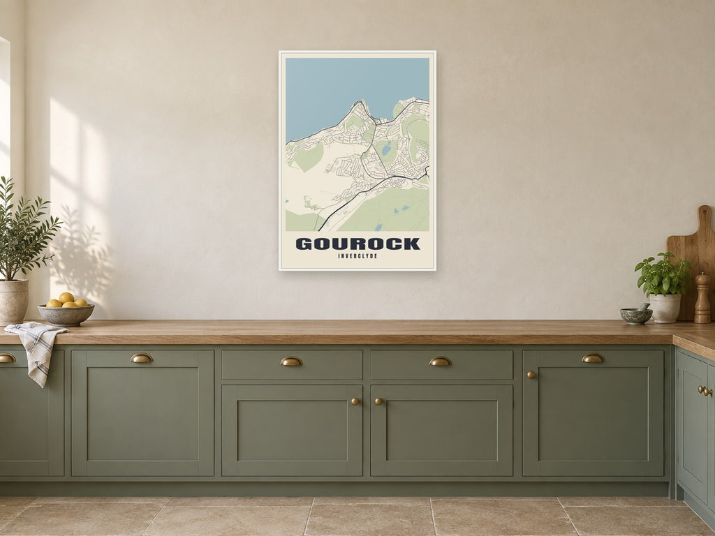 Gourock Street Map Poster at A1, in a white frame, in a kitchen