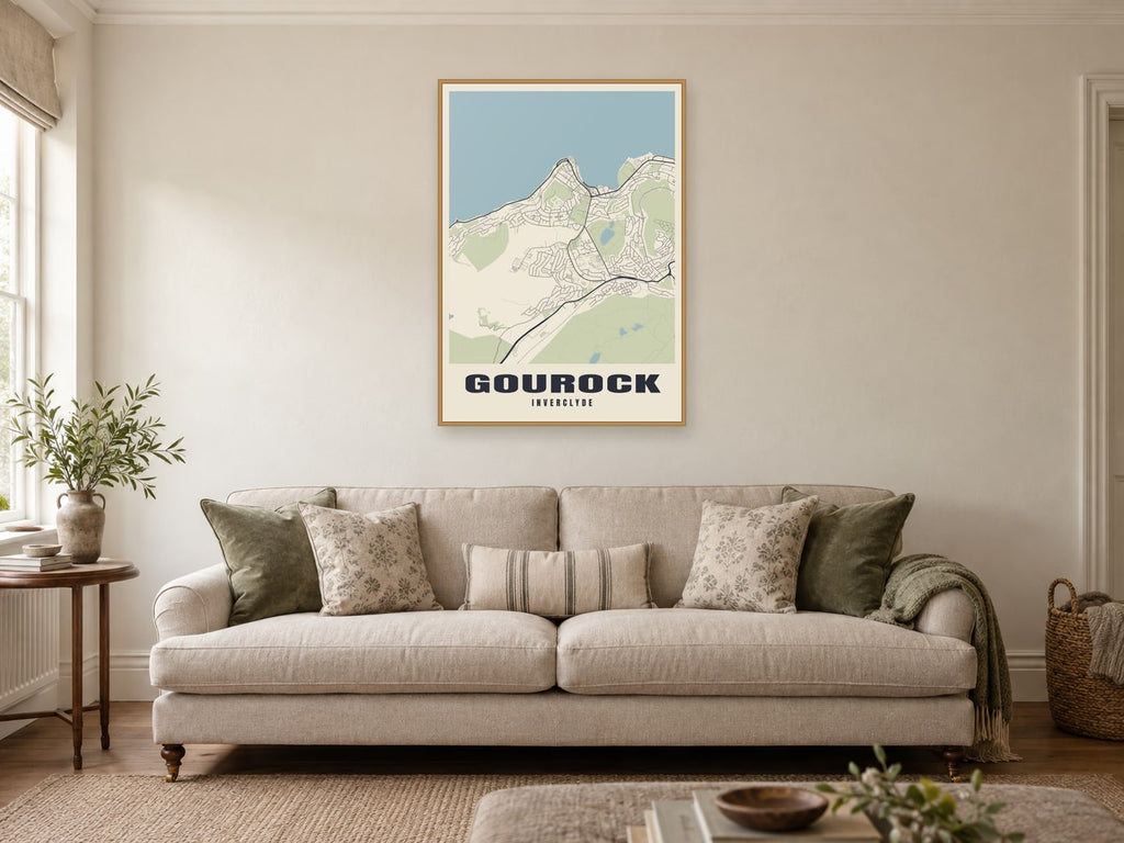 Gourock Street Map Poster at A1, in a natural wood frame, in a sitting room