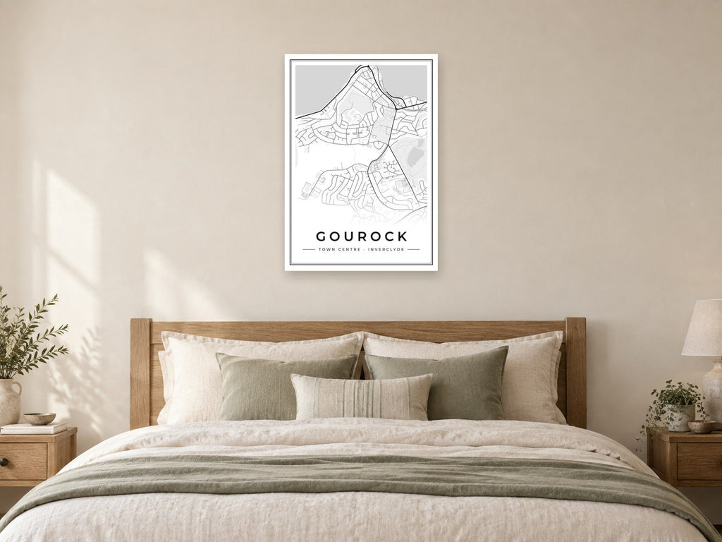 Gourock Town Centre Street Map Poster at A1, as a poster, above a bed