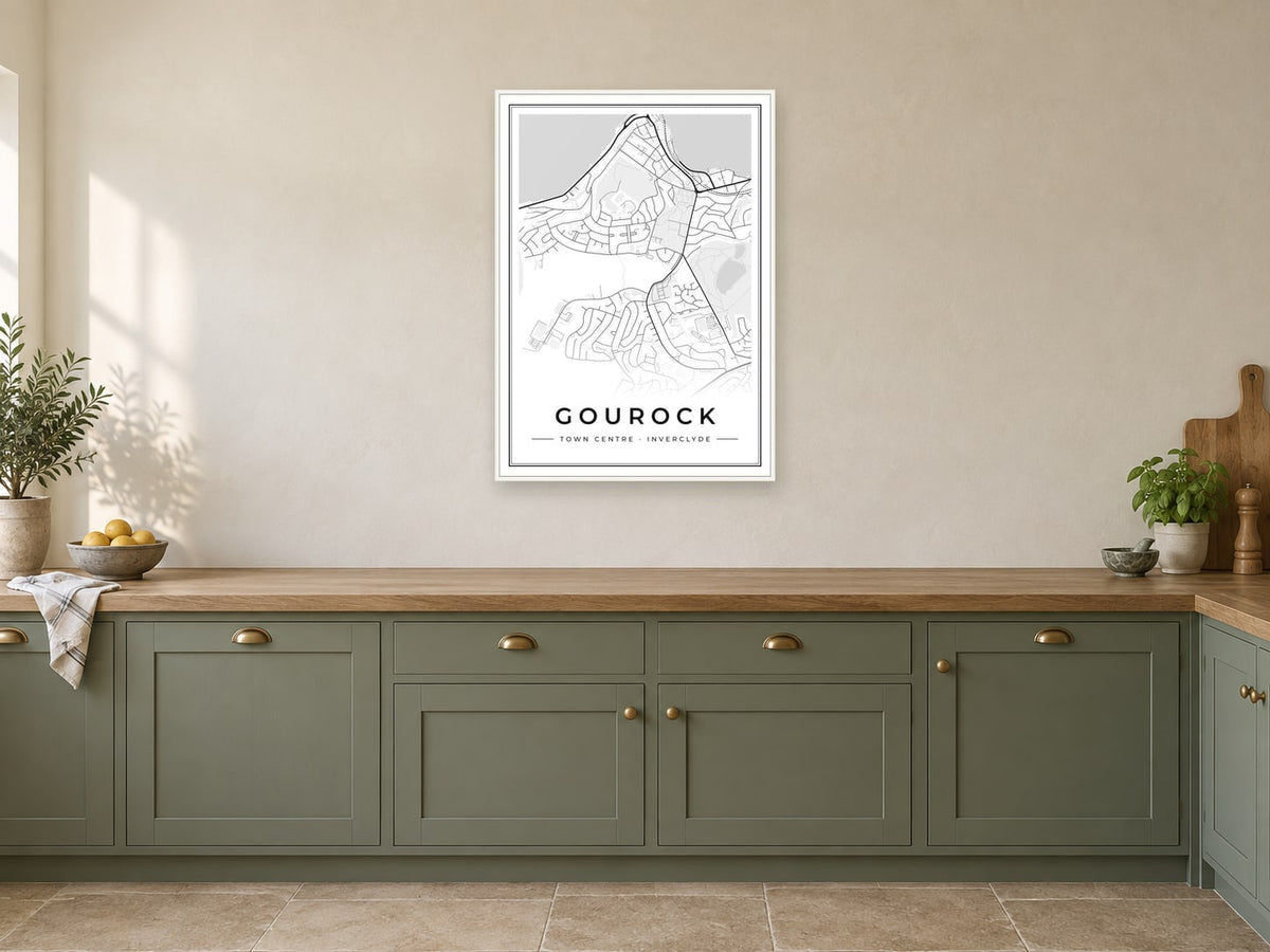 Gourock Town Centre Street Map Poster at A1, in a white frame, in a kitchen