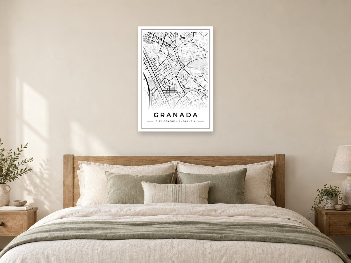 Granada City Centre Street Map Poster at A1, as a poster, above a bed