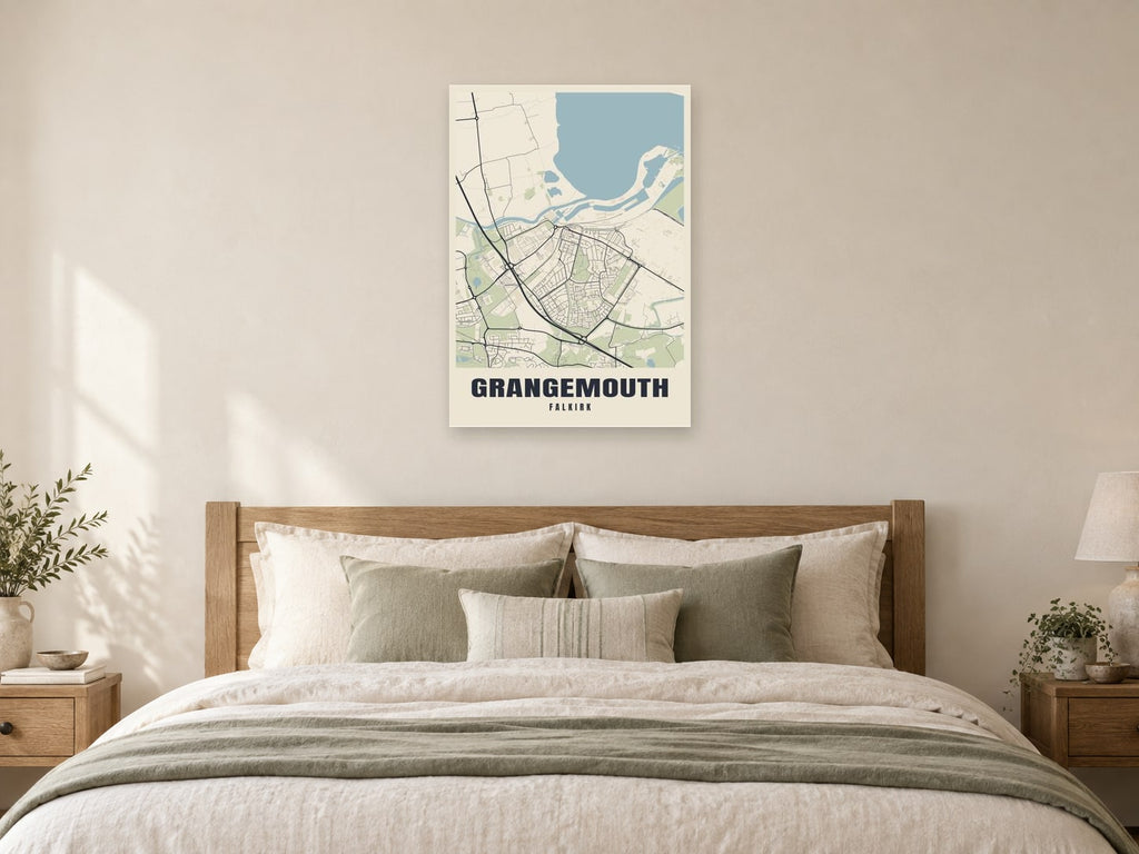 Grangemouth Street Map Poster at A1, as a poster, above a bed