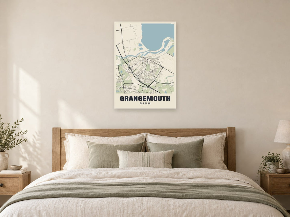 Grangemouth Street Map Poster at A1, as a poster, above a bed