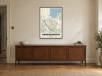 Grangemouth Street Map Poster at A1, in a black frame, above a sideboard