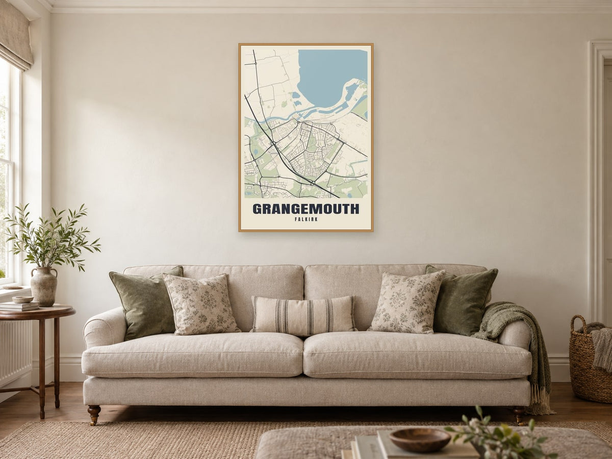 Grangemouth Street Map Poster at A1, in a natural wood frame, in a sitting room