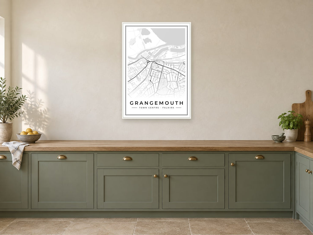 Grangemouth Town Centre Street Map Poster at A1, in a white frame, in a kitchen
