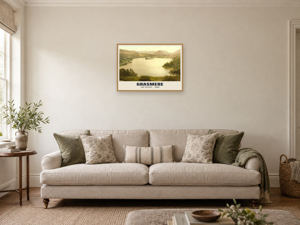 Grasmere, 1890s Heritage Print at A2, in a natural wood frame, in a sitting room