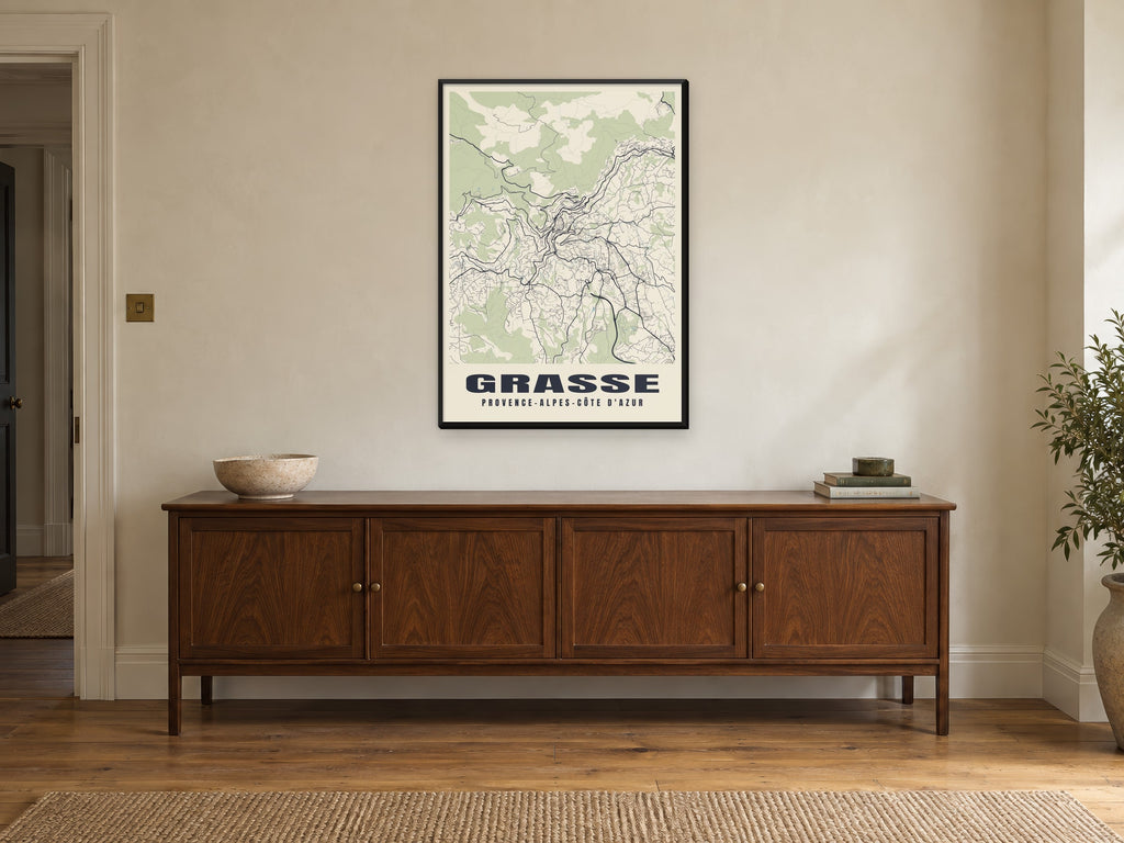 Grasse Street Map Poster at A1, in a black frame, above a sideboard
