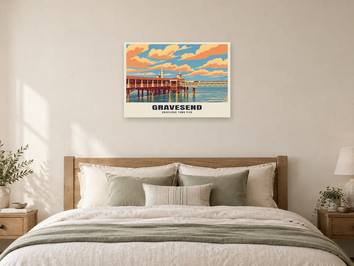 Gravesend Town Pier Poster at A1, as a poster, above a bed