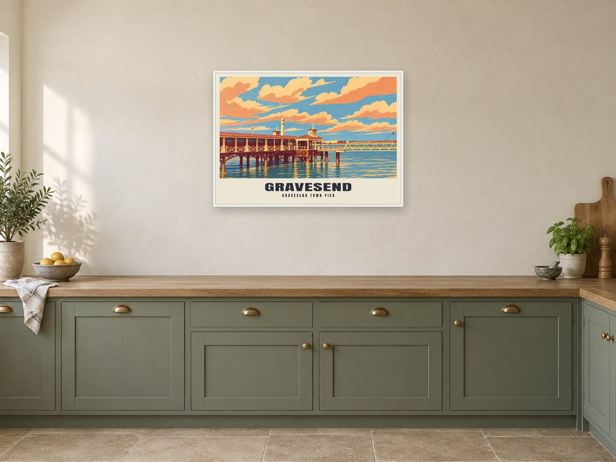 Gravesend Town Pier Poster at A1, in a white frame, in a kitchen