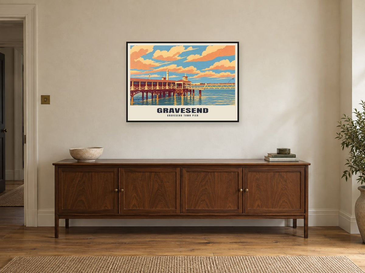Gravesend Town Pier Poster at A1, in a black frame, above a sideboard
