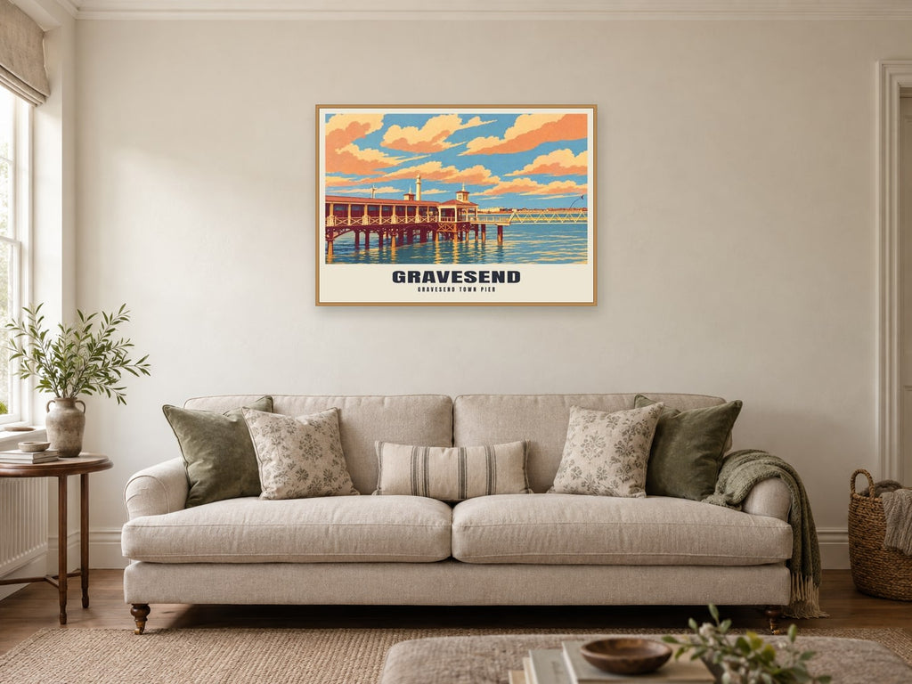 Gravesend Town Pier Poster at A1, in a natural wood frame, in a sitting room