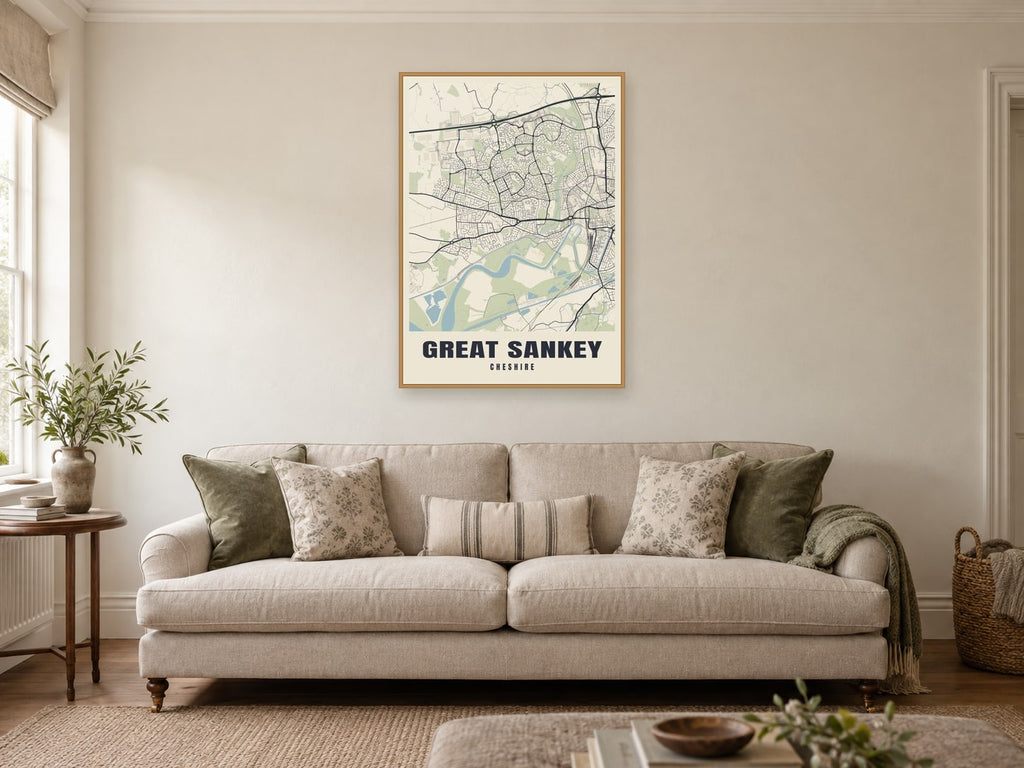 Great Sankey Street Map Poster at A1, in a natural wood frame, in a sitting room