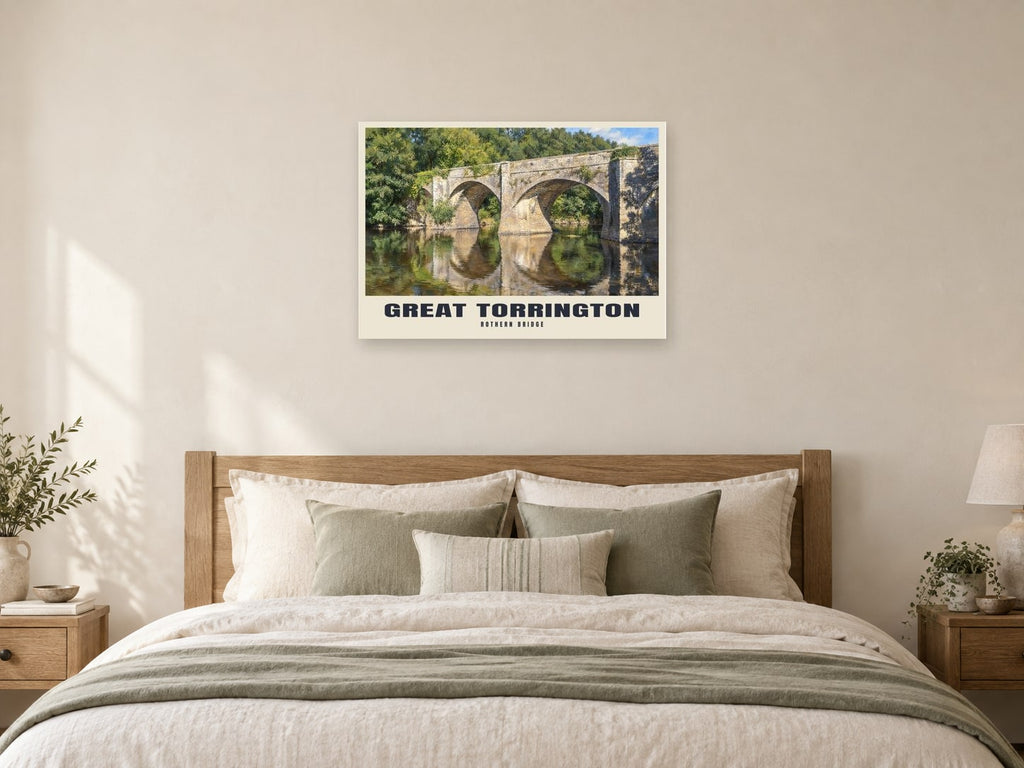 Rothern Bridge, Great Torrington Poster at A1, as a poster, above a bed