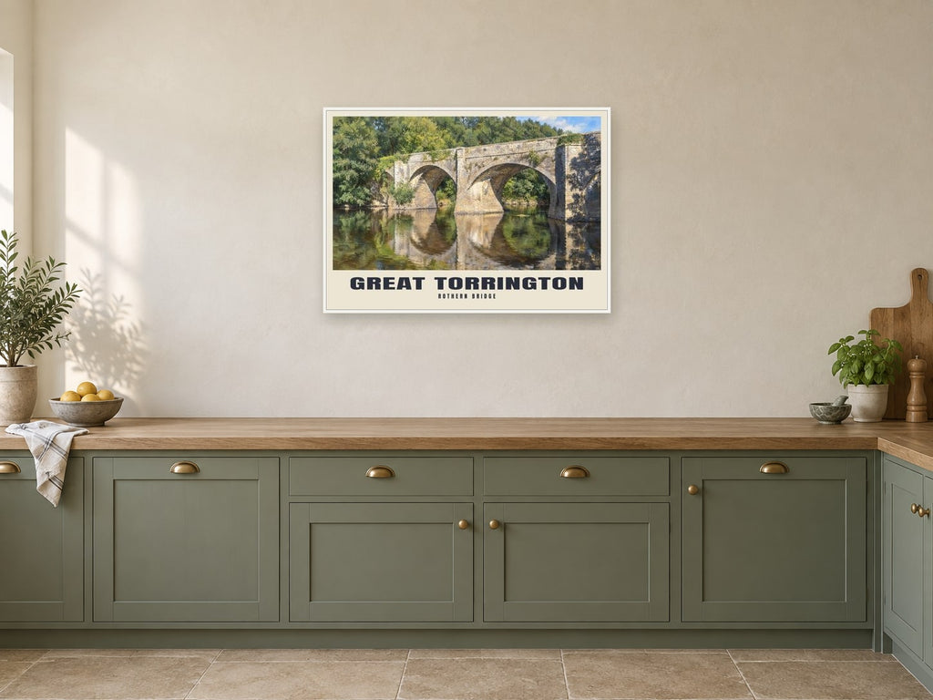 Rothern Bridge, Great Torrington Poster at A1, in a white frame, in a kitchen