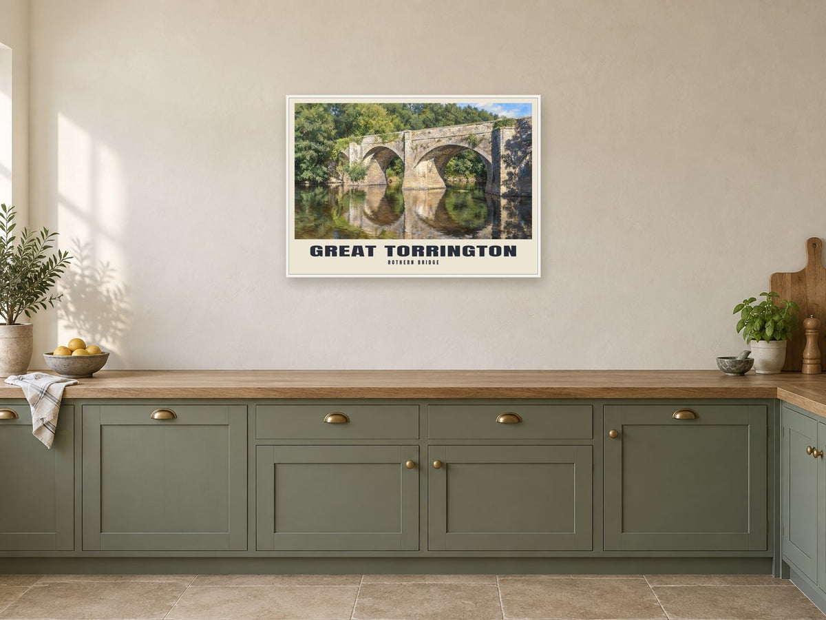 Rothern Bridge, Great Torrington Poster at A1, in a white frame, in a kitchen