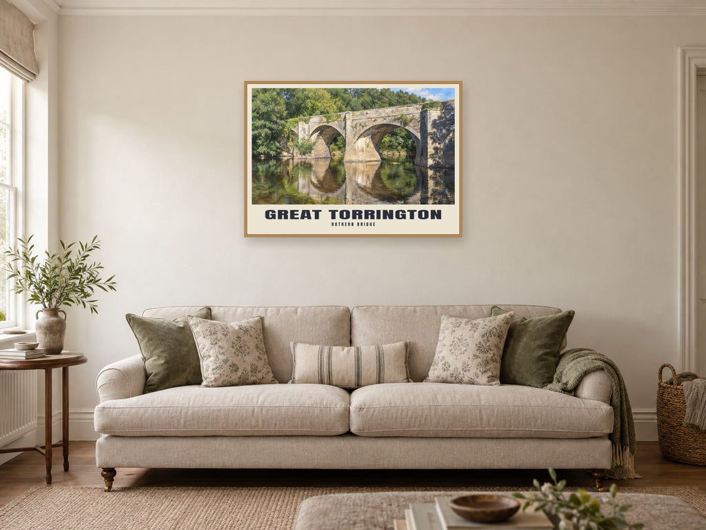 Rothern Bridge, Great Torrington Poster at A1, in a natural wood frame, in a sitting room