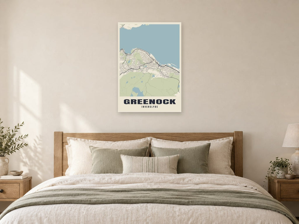 Greenock Street Map Poster at A1, as a poster, above a bed