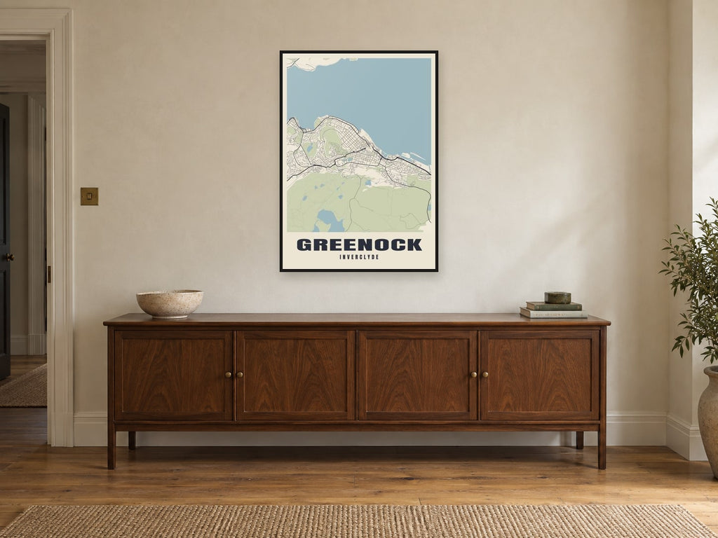 Greenock Street Map Poster at A1, in a black frame, above a sideboard