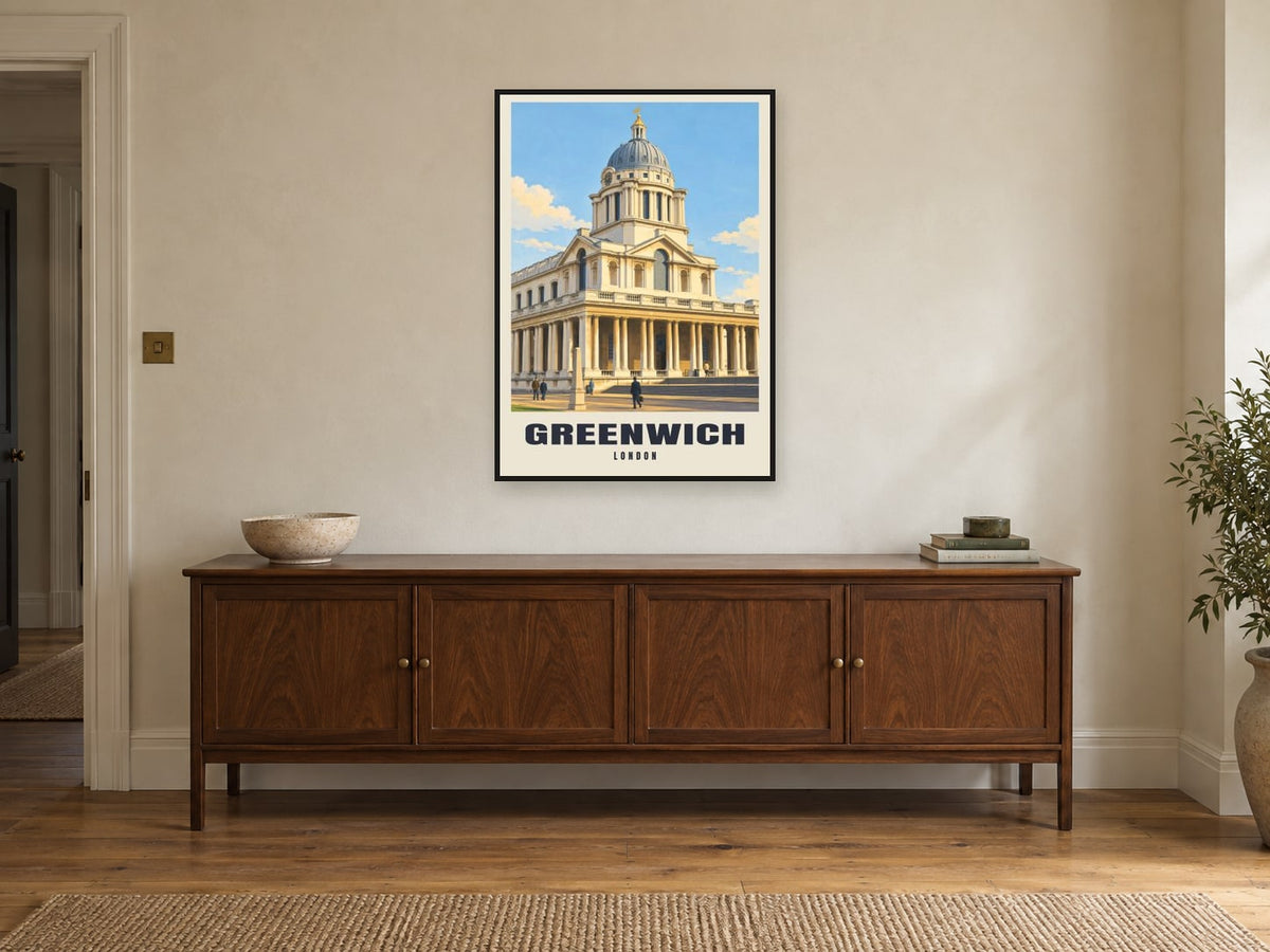 Greenwich Poster — Old Royal Naval College at A1, in a black frame, above a sideboard