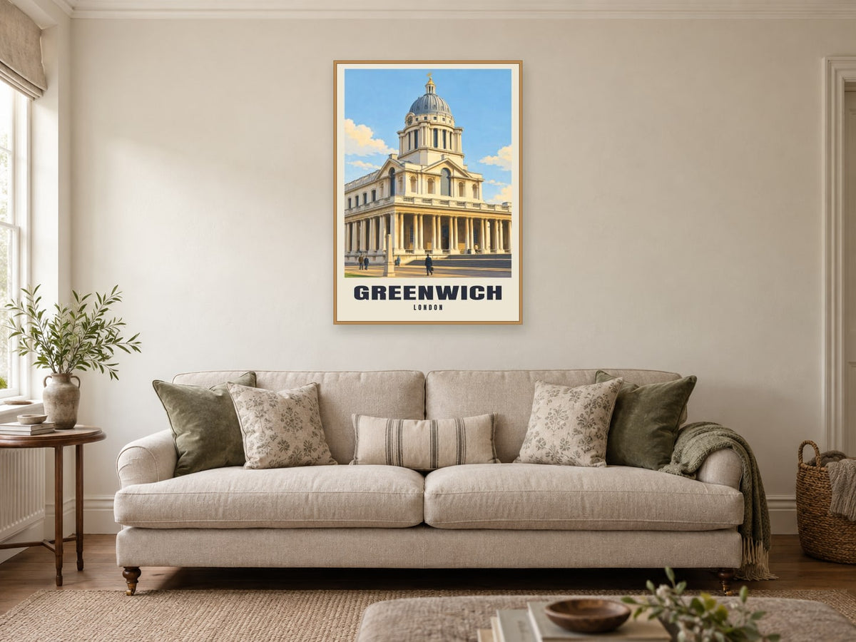 Greenwich Poster — Old Royal Naval College at A1, in a natural wood frame, in a sitting room