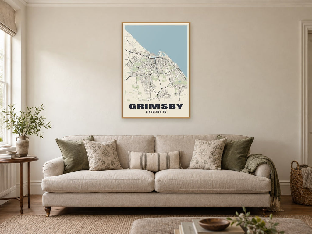Grimsby Street Map Poster at A1, in a natural wood frame, in a sitting room