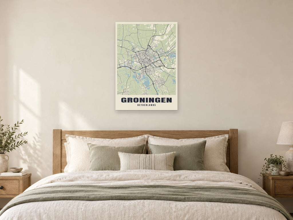Groningen Street Map Poster at A1, as a poster, above a bed