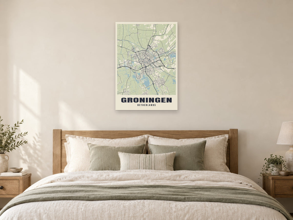 Groningen Street Map Poster at A1, as a poster, above a bed