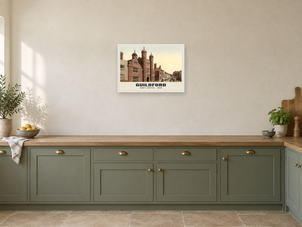 Abbot's Hospital, Guildford, 1890s Heritage Print at A2, in a white frame, in a kitchen
