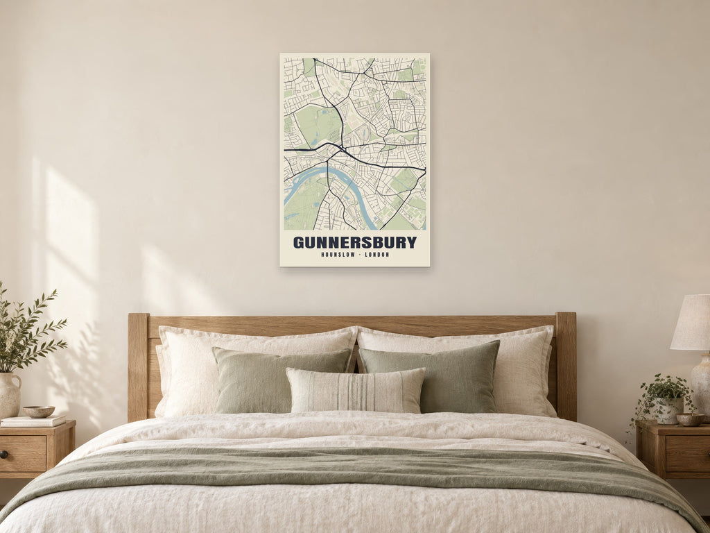 Gunnersbury Heritage Street Map Poster at A1, as a poster, above a bed