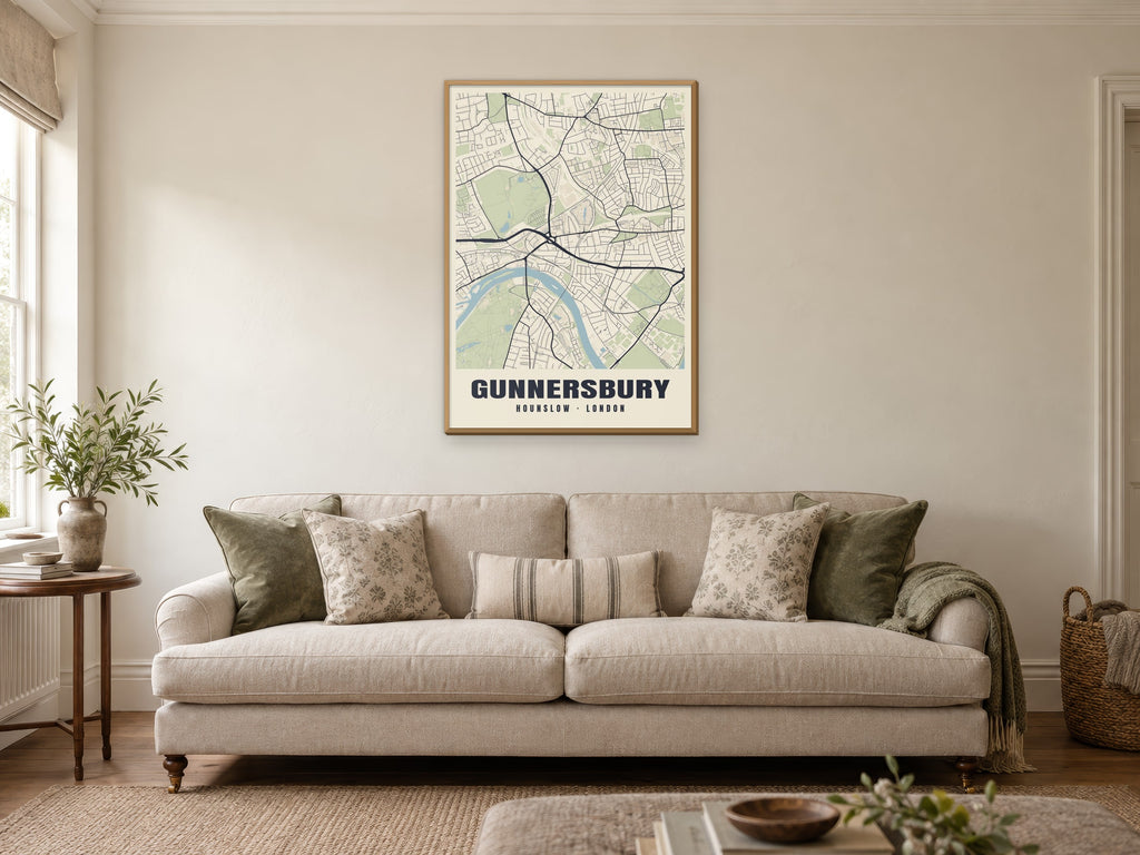 Gunnersbury Heritage Street Map Poster at A1, in a natural wood frame, in a sitting room