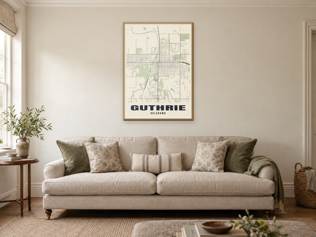 Guthrie Street Map Poster at A1, in a natural wood frame, in a sitting room