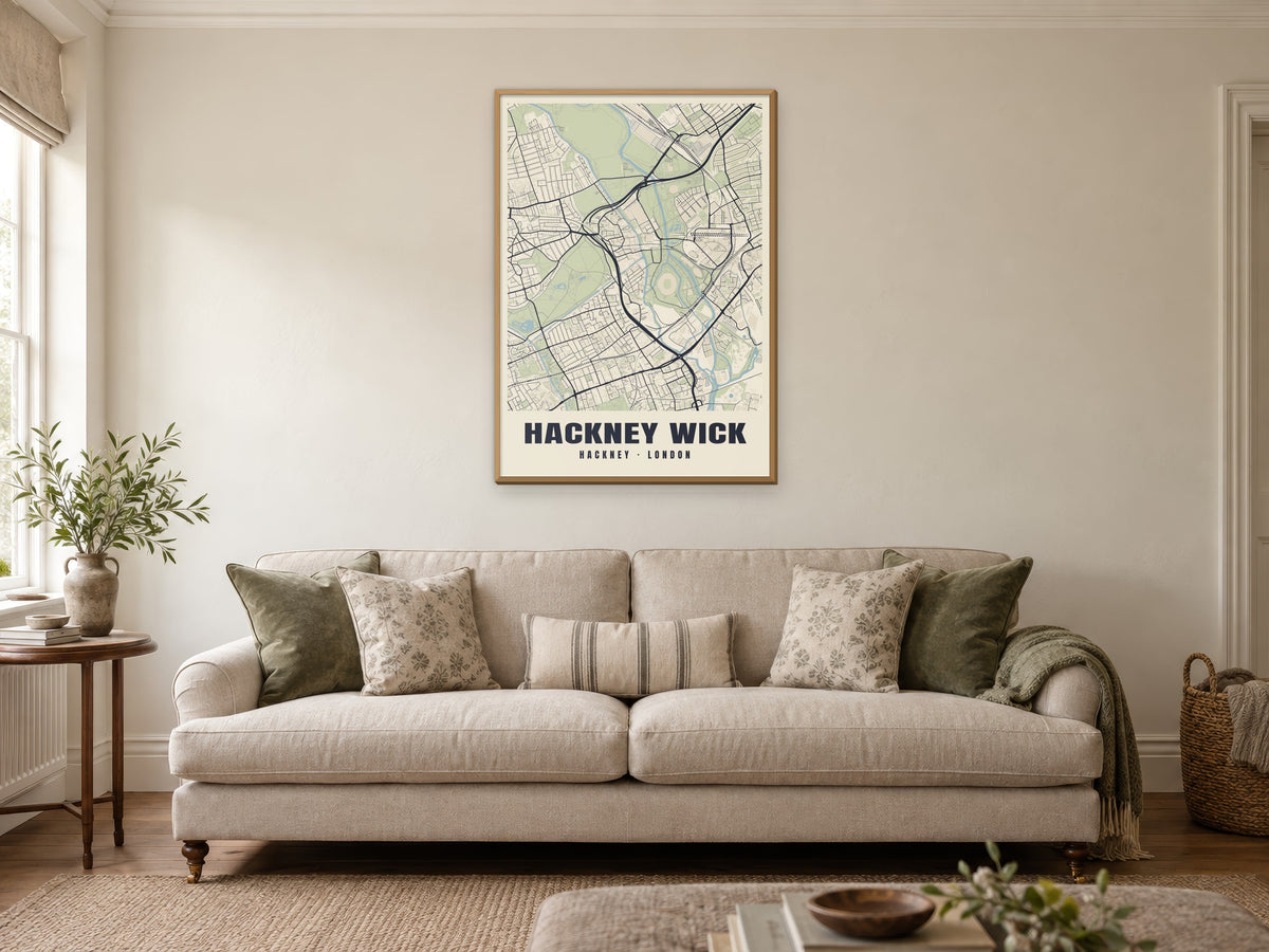Hackney Wick Heritage Street Map Poster at A1, in a natural wood frame, in a sitting room