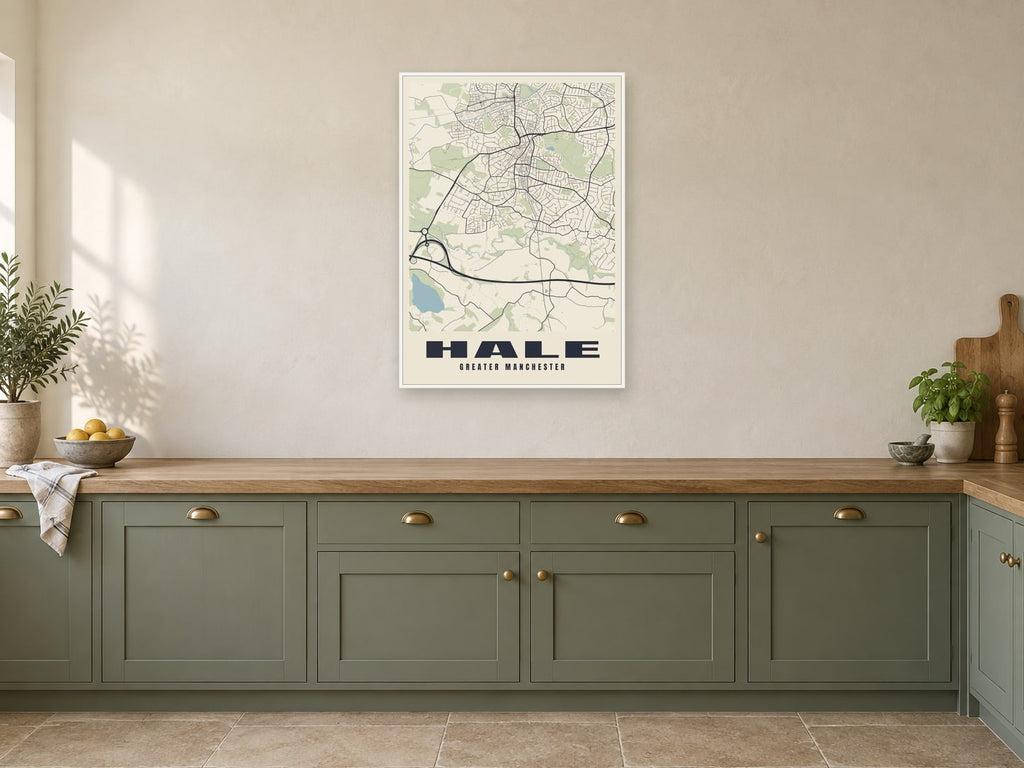 Hale Street Map Poster at A1, in a white frame, in a kitchen