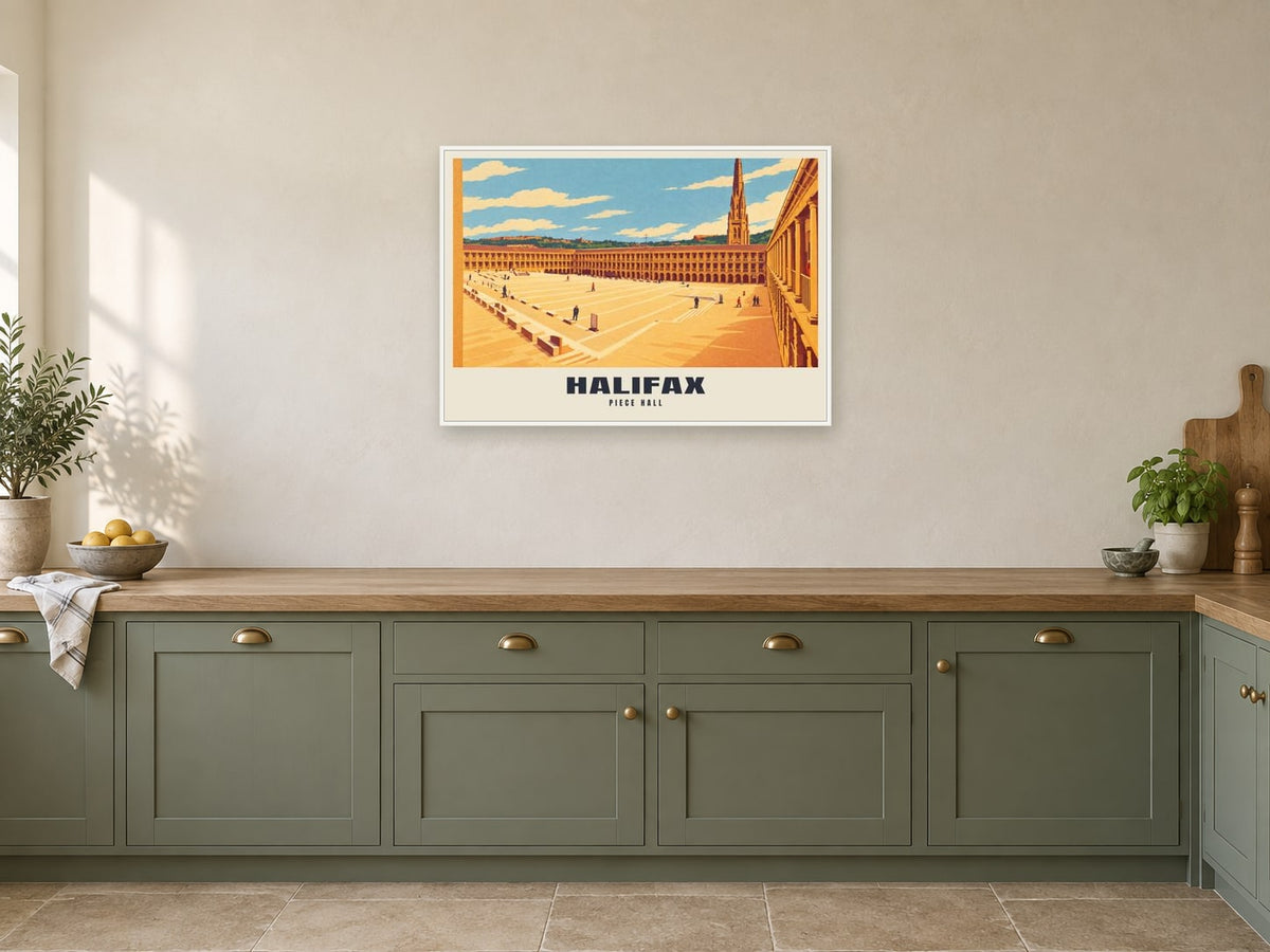 Piece Hall, Halifax Poster at A1, in a white frame, in a kitchen