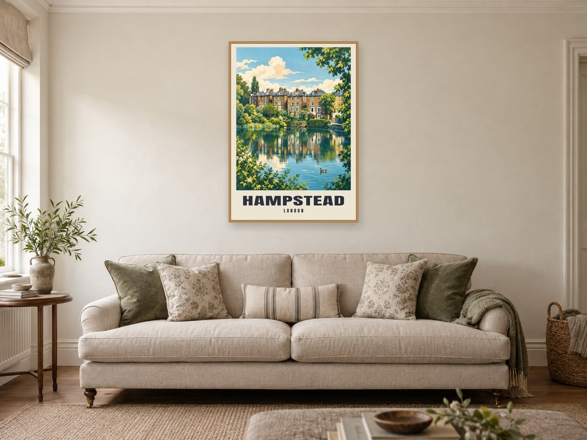 Hampstead Poster — Hampstead Heath at A1, in a natural wood frame, in a sitting room