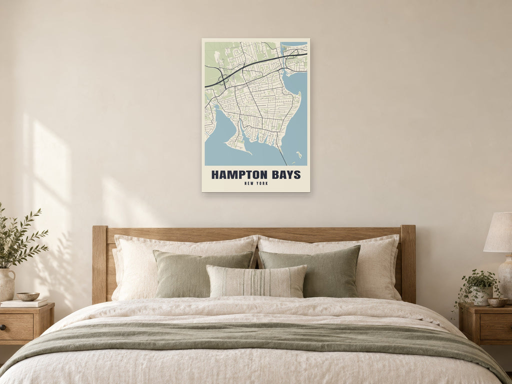 Hampton Bays Street Map Poster at A1, as a poster, above a bed