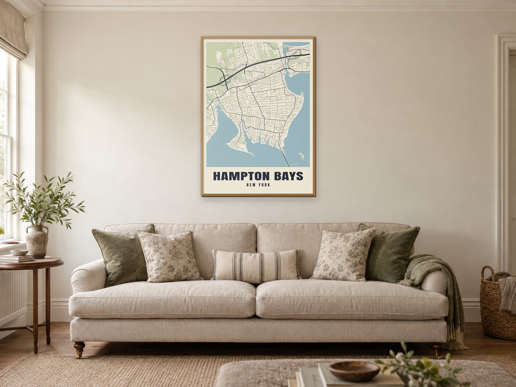 Hampton Bays Street Map Poster at A1, in a natural wood frame, in a sitting room