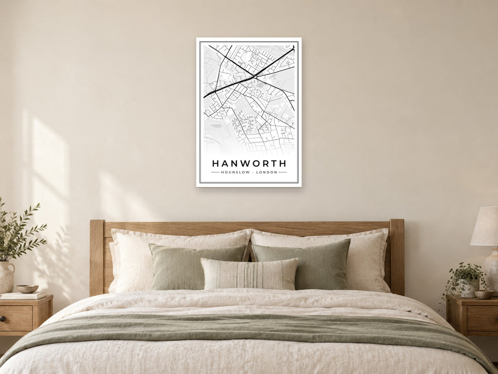 Hanworth Street Map Poster at A1, as a poster, above a bed