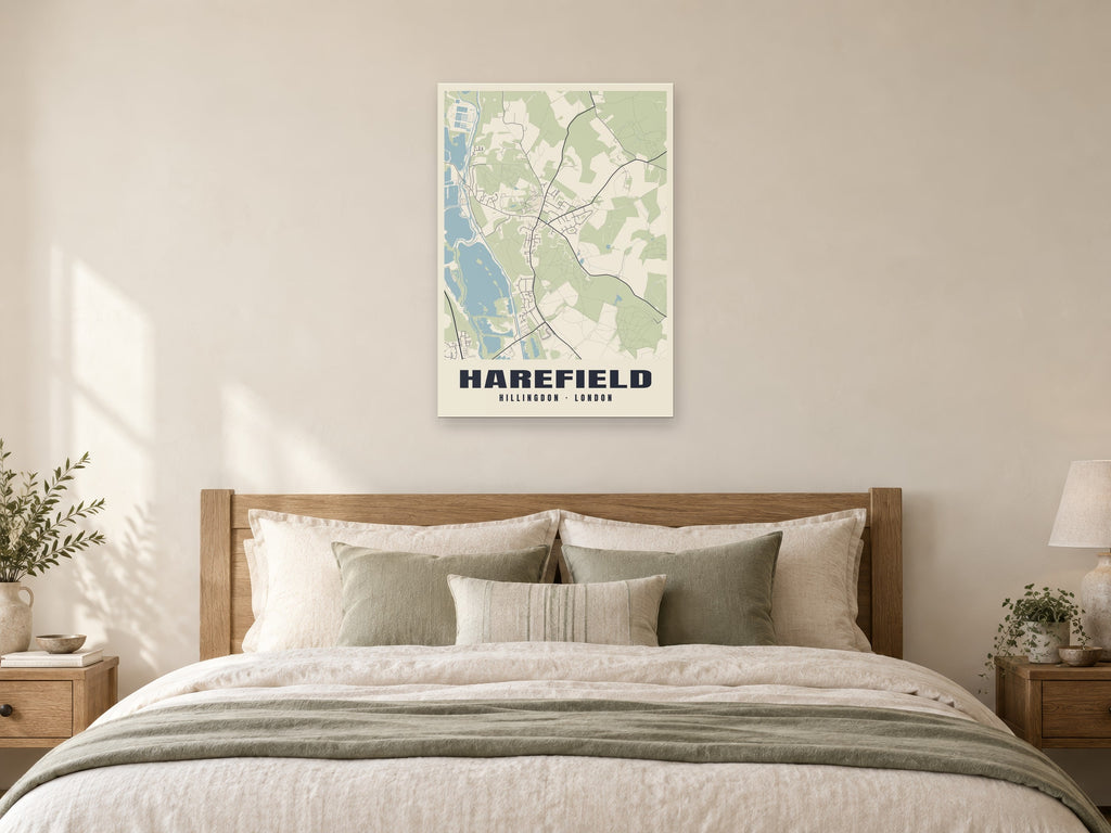 Harefield Heritage Street Map Poster at A1, as a poster, above a bed