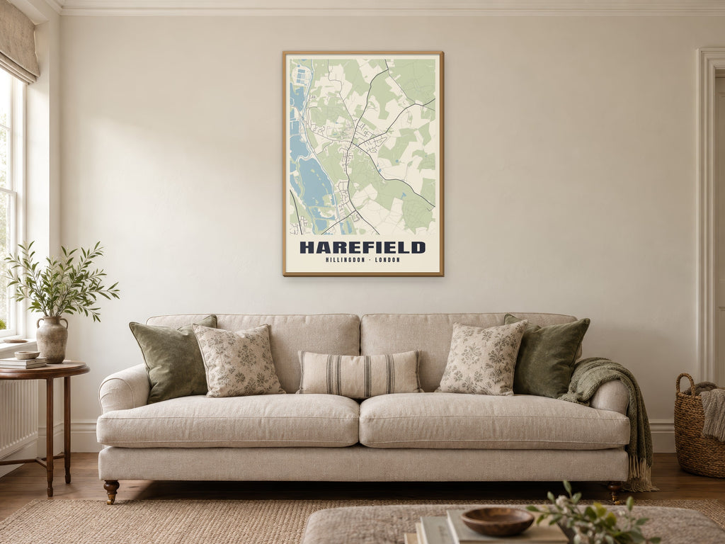 Harefield Heritage Street Map Poster at A1, in a natural wood frame, in a sitting room