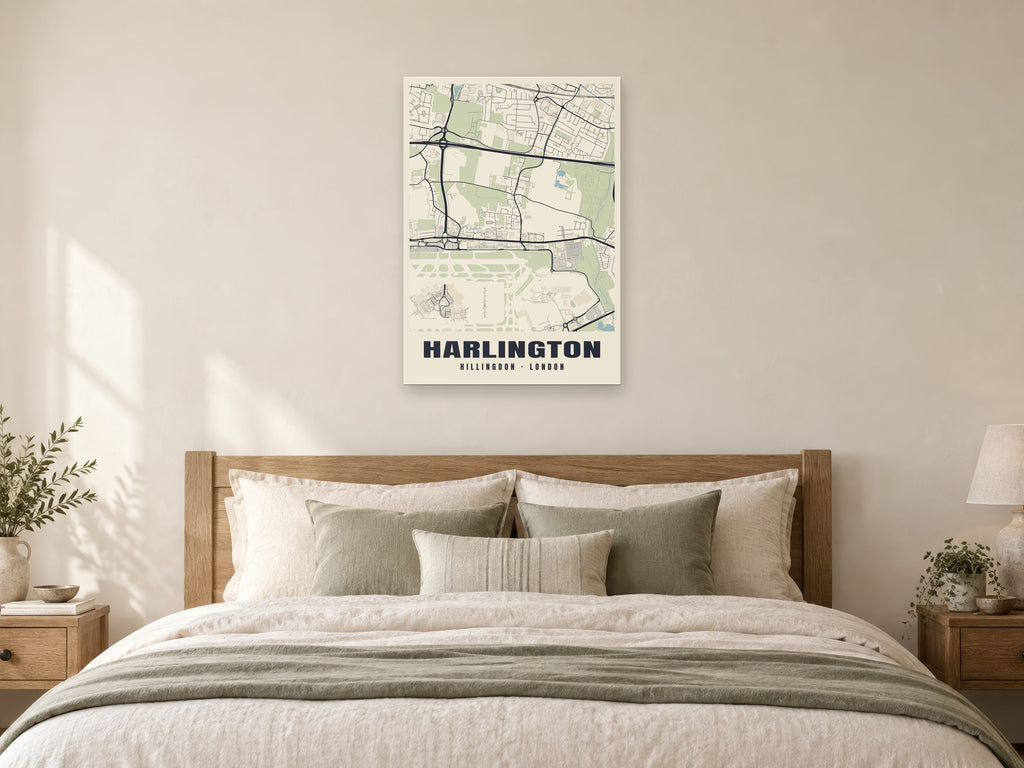 Harlington Heritage Street Map Poster at A1, as a poster, above a bed