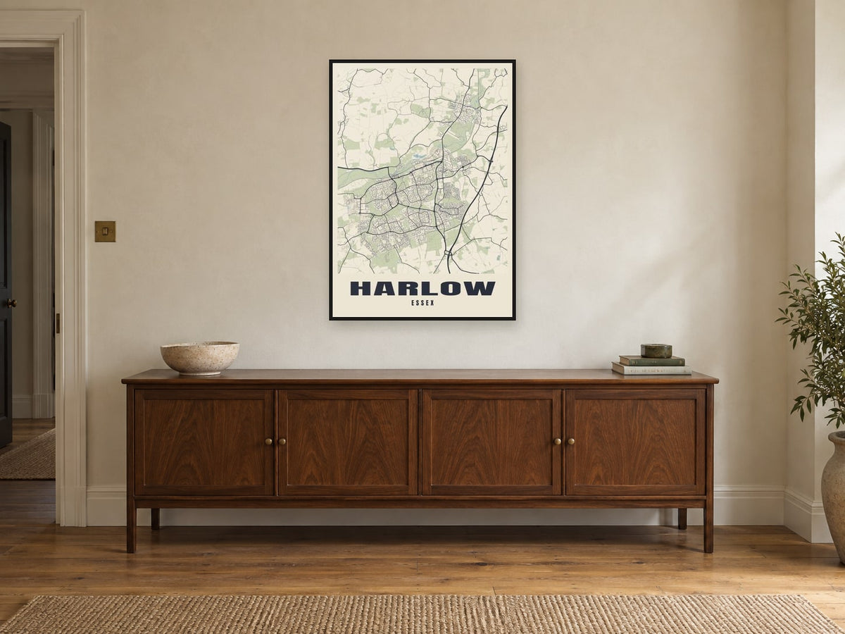 Harlow Street Map Poster at A1, in a black frame, above a sideboard