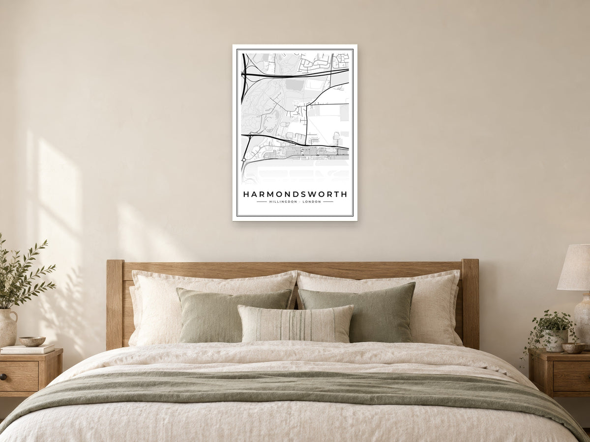 Harmondsworth Street Map Poster at A1, as a poster, above a bed