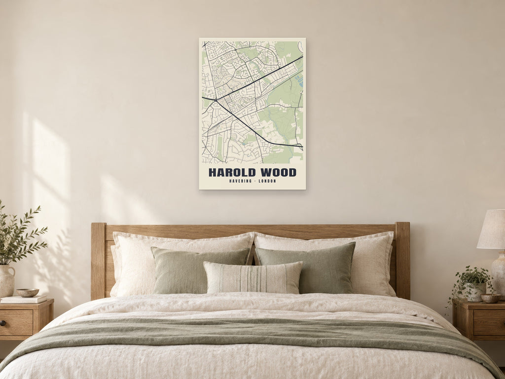 Harold Wood Heritage Street Map Poster at A1, as a poster, above a bed