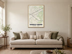 Harold Wood Heritage Street Map Poster at A1, in a natural wood frame, in a sitting room