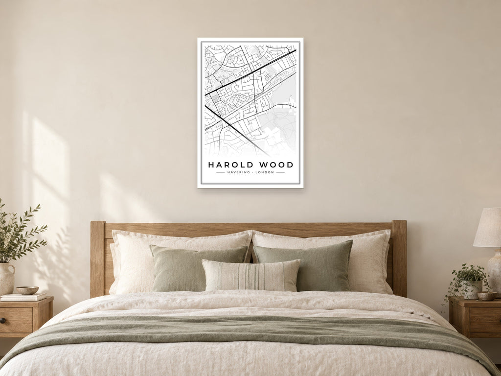 Harold Wood Street Map Poster at A1, as a poster, above a bed