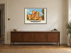 Harrogate Poster — Kairos Church at A1, in a black frame, above a sideboard