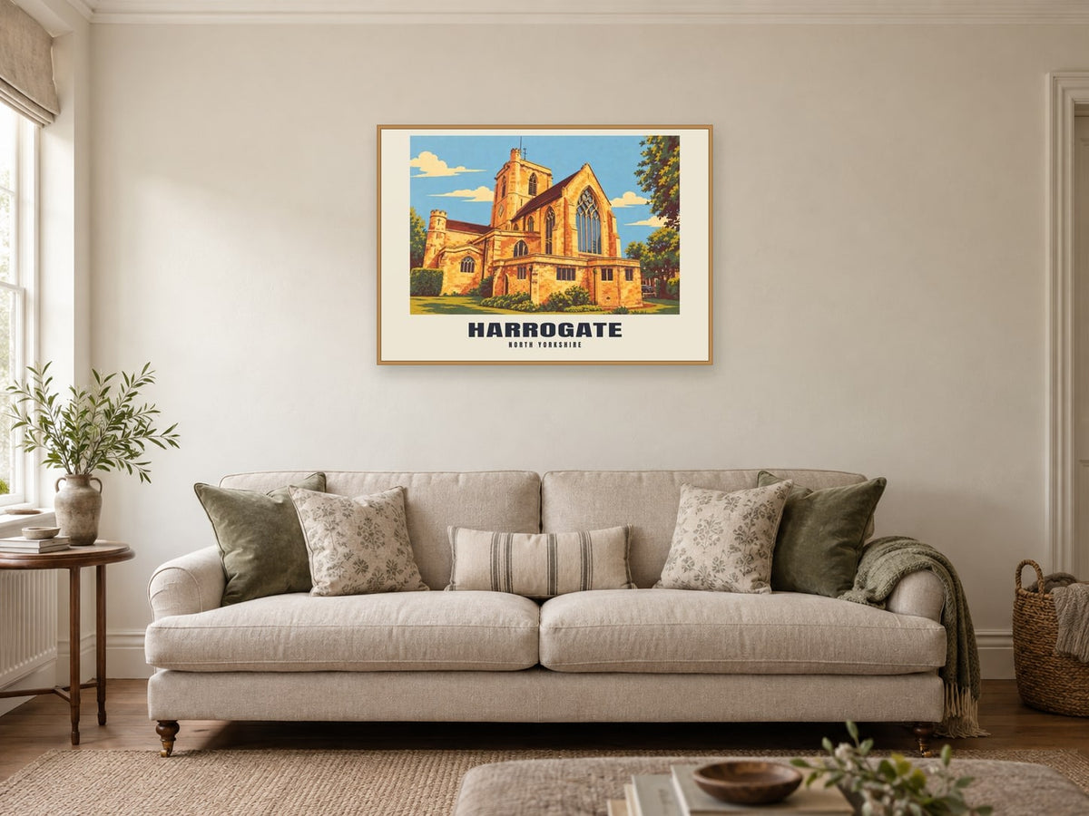Harrogate Poster — Kairos Church at A1, in a natural wood frame, in a sitting room