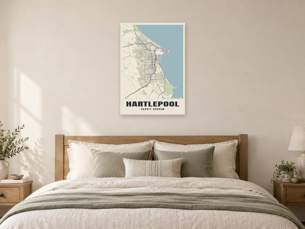 Hartlepool Street Map Poster at A1, as a poster, above a bed